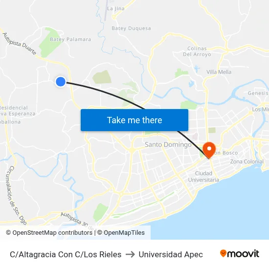 C/Altagracia Con C/Los Rieles to Universidad Apec map