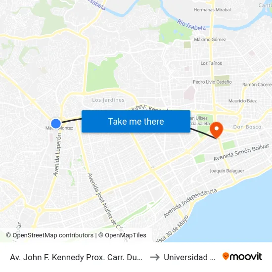 Av. John F. Kennedy Prox. Carr. Duarte Vieja to Universidad Apec map