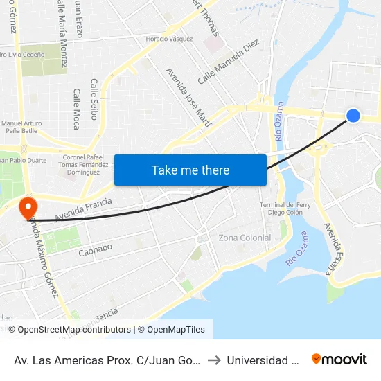 Av. Las Americas Prox. C/Juan Goico Alix to Universidad Apec map