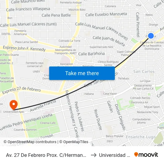 Av. 27 De Febrero Prox. C/Hermanos Pinzón to Universidad Apec map