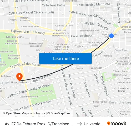 Av. 27 De Febrero Prox. C/Francisco Henríquez Y Carvajal to Universidad Apec map