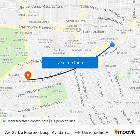 Av. 27 De Febrero Desp. Av. San Martin to Universidad Apec map