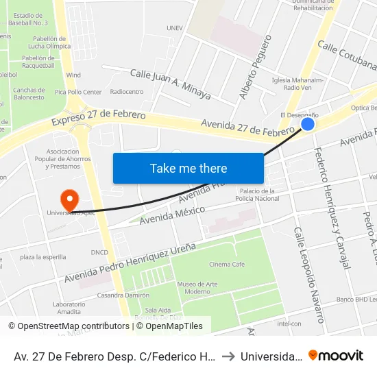 Av. 27 De Febrero Desp. C/Federico Henríquez Y Carvajal to Universidad Apec map