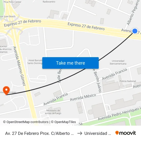 Av. 27 De Febrero Prox. C/Alberto Peguero to Universidad Apec map