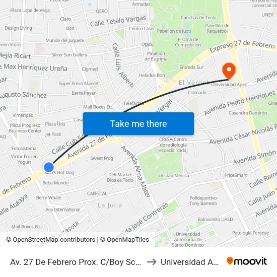 Av. 27 De Febrero Prox. C/Boy Scouts to Universidad Apec map