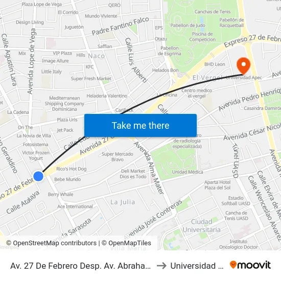 Av. 27 De Febrero Desp. Av. Abraham Lincoln to Universidad Apec map