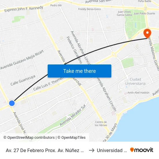 Av. 27 De Febrero Prox. Av. Núñez De Cáceres to Universidad Apec map