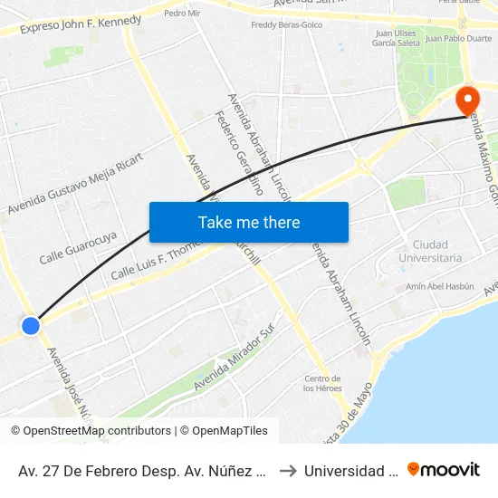 Av. 27 De Febrero Desp. Av. Núñez De Cáceres to Universidad Apec map