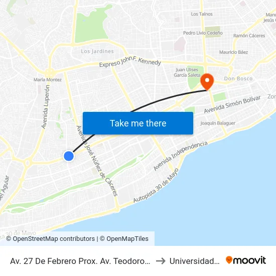 Av. 27 De Febrero Prox. Av. Teodoro Chasseriau to Universidad Apec map
