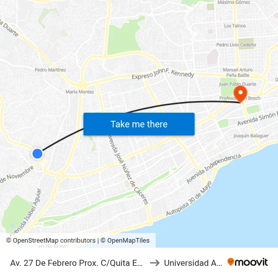 Av. 27 De Febrero Prox. C/Quita Espuela to Universidad Apec map