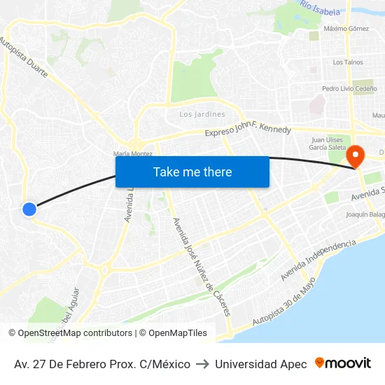 Av. 27 De Febrero Prox. C/México to Universidad Apec map
