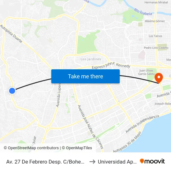 Av. 27 De Febrero Desp. C/Bohemia to Universidad Apec map