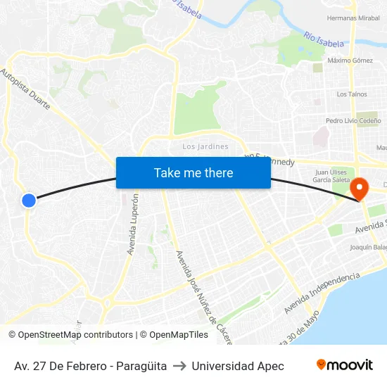 Av. 27 De Febrero - Paragüita to Universidad Apec map