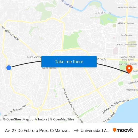 Av. 27 De Febrero Prox. C/Manzana 31 to Universidad Apec map