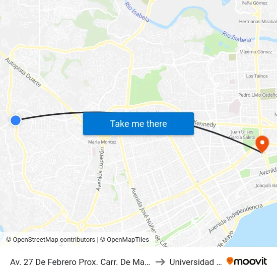 Av. 27 De Febrero Prox. Carr. De Manoguayabo to Universidad Apec map