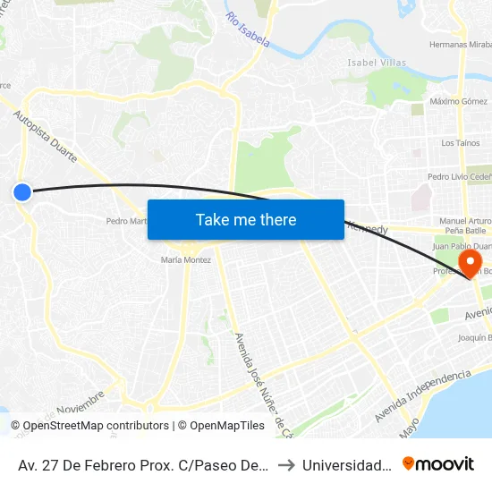 Av. 27 De Febrero Prox. C/Paseo De La Castaña to Universidad Apec map