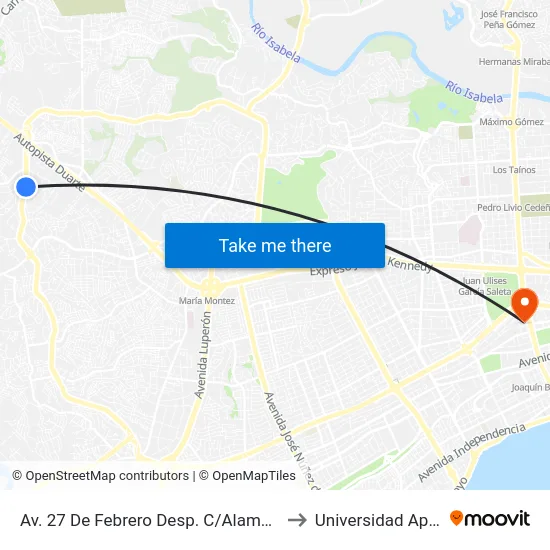 Av. 27 De Febrero Desp. C/Alameda to Universidad Apec map