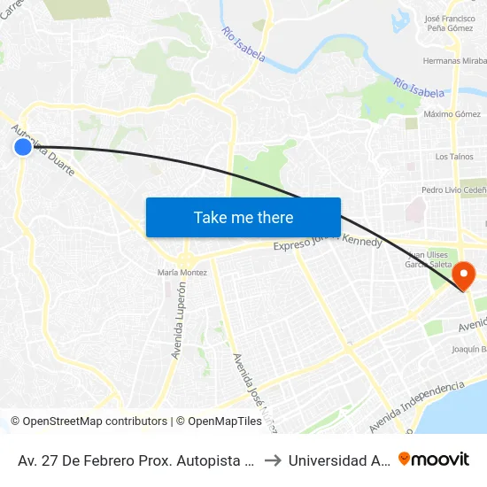 Av. 27 De Febrero Prox. Autopista Duarte to Universidad Apec map