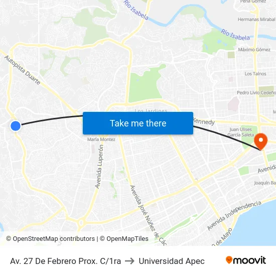 Av. 27 De Febrero Prox. C/1ra to Universidad Apec map