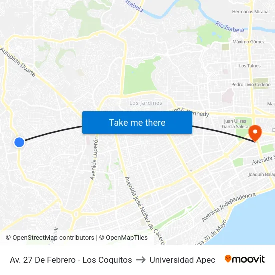 Av. 27 De Febrero - Los Coquitos to Universidad Apec map