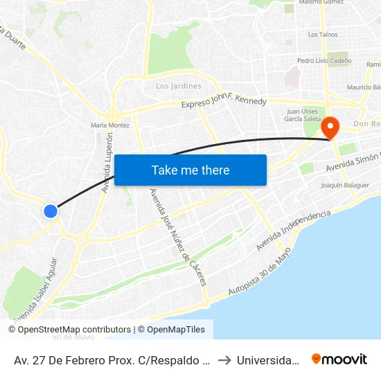 Av. 27 De Febrero Prox. C/Respaldo 27 De Febrero to Universidad Apec map