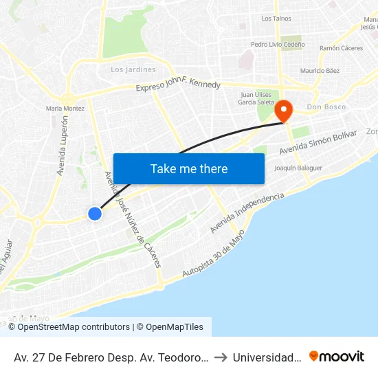 Av. 27 De Febrero Desp. Av. Teodoro Chasseriau to Universidad Apec map