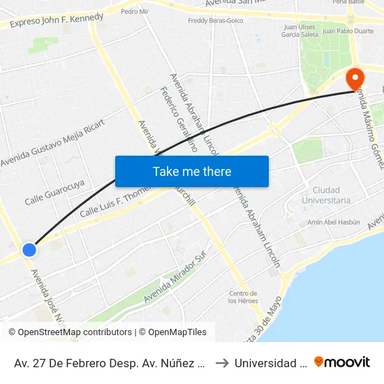 Av. 27 De Febrero Desp. Av. Núñez De Cáceres to Universidad Apec map