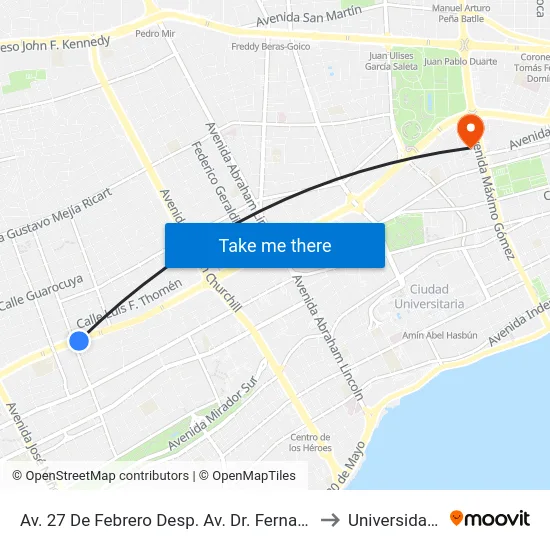Av. 27 De Febrero Desp. Av. Dr. Fernando Arturo Defilló to Universidad Apec map
