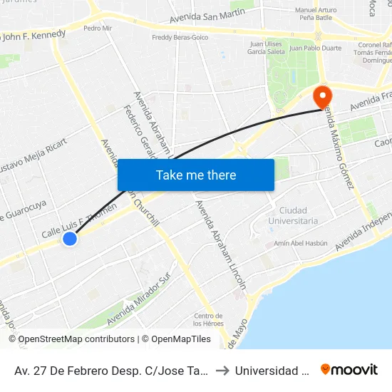 Av. 27 De Febrero Desp. C/Jose Tapia Brea to Universidad Apec map