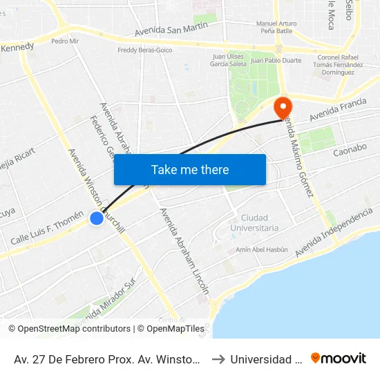 Av. 27 De Febrero Prox. Av. Winston Churchill to Universidad Apec map
