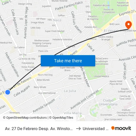 Av. 27 De Febrero Desp. Av. Winston Churchill to Universidad Apec map