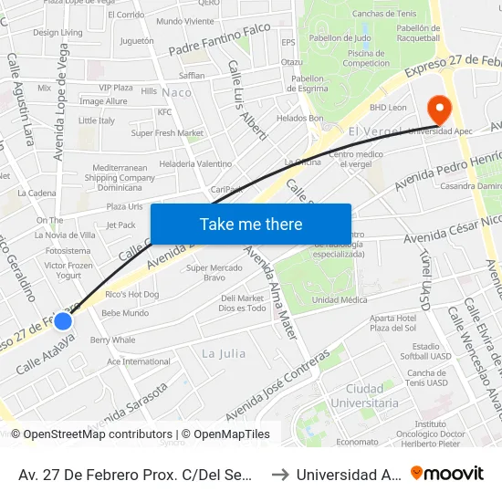 Av. 27 De Febrero Prox. C/Del Seminario to Universidad Apec map