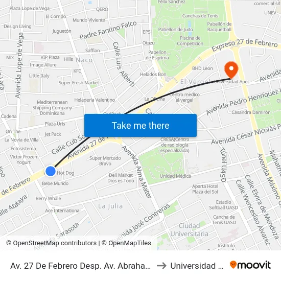 Av. 27 De Febrero Desp. Av. Abraham Lincoln to Universidad Apec map