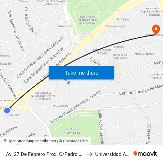 Av. 27 De Febrero Prox. C/Pedro Yapor to Universidad Apec map