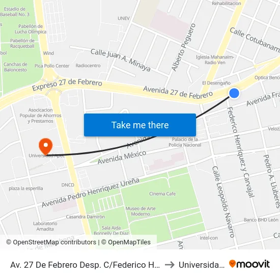 Av. 27 De Febrero Desp. C/Federico Henríquez Y Carvajal to Universidad Apec map