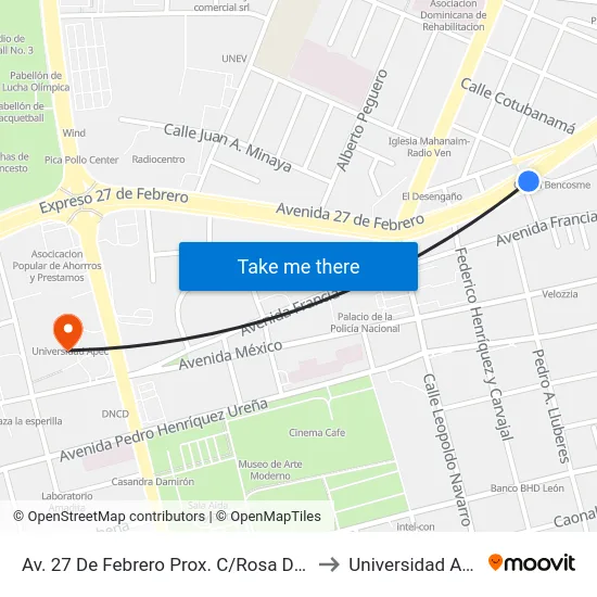 Av. 27 De Febrero Prox. C/Rosa Duarte to Universidad Apec map