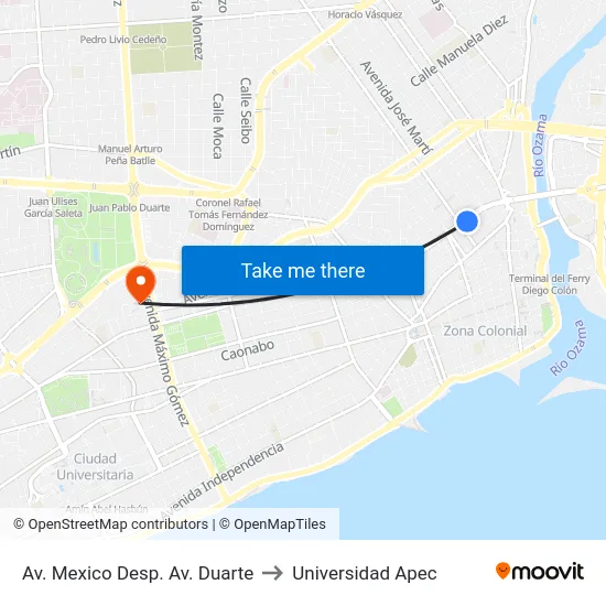 Av. Mexico Desp. Av. Duarte to Universidad Apec map