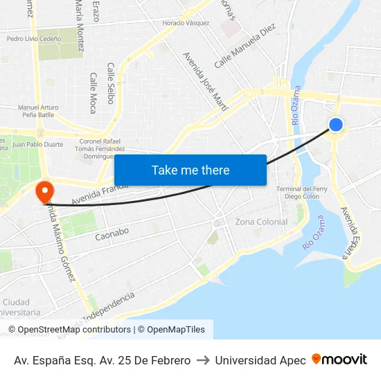 Av. España Esq. Av. 25 De Febrero to Universidad Apec map
