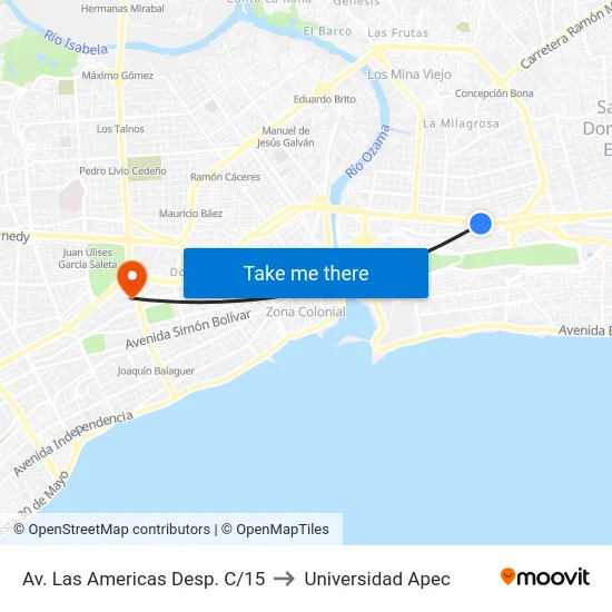 Av. Las Americas Desp. C/15 to Universidad Apec map