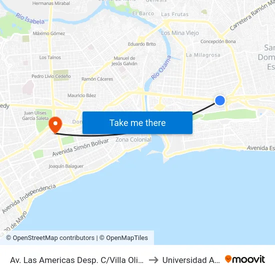 Av. Las Americas Desp. C/Villa Olimpica to Universidad Apec map