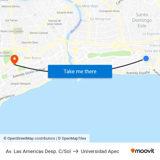Av. Las Americas Desp. C/Sol to Universidad Apec map