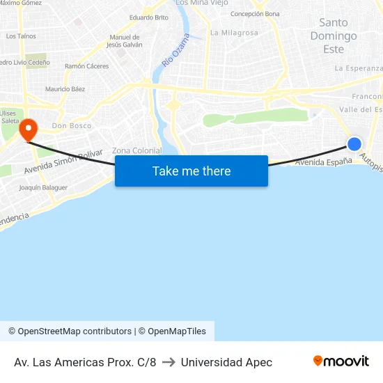 Av. Las Americas Prox. C/8 to Universidad Apec map