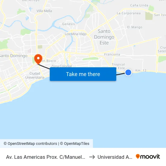 Av. Las Americas Prox. C/Manuela Diez to Universidad Apec map