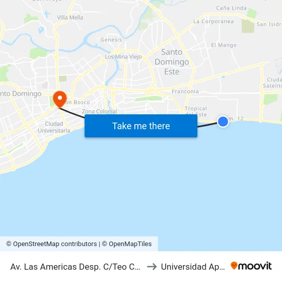 Av. Las Americas Desp. C/Teo Cruz to Universidad Apec map