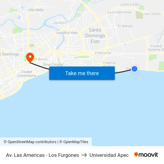 Av. Las Americas - Los Furgones to Universidad Apec map