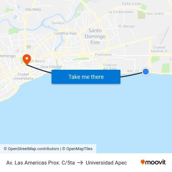 Av. Las Americas Prox. C/5ta to Universidad Apec map