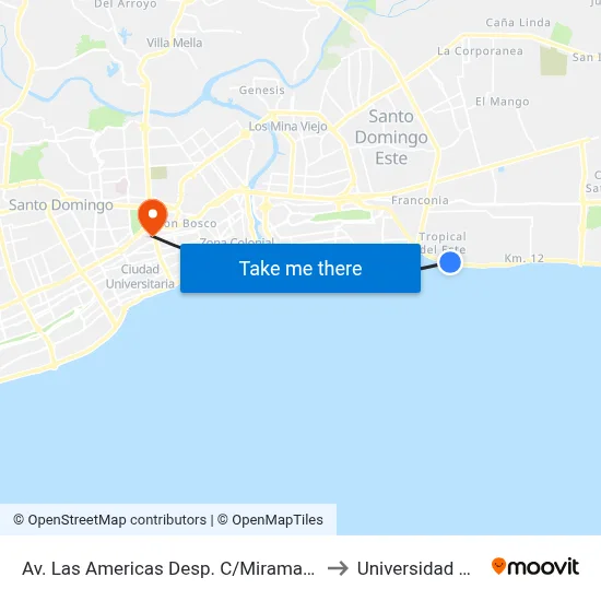 Av. Las Americas Desp. C/Miramar Norte to Universidad Apec map