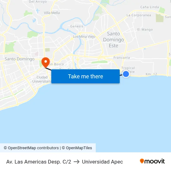 Av. Las Americas Desp. C/2 to Universidad Apec map