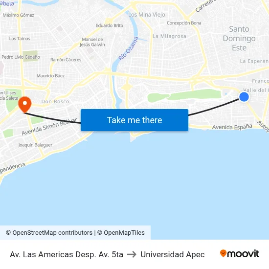 Av. Las Americas Desp. Av. 5ta to Universidad Apec map