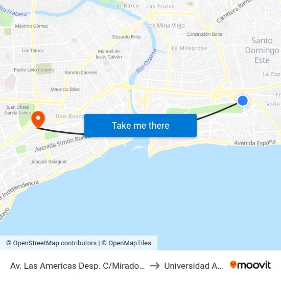 Av. Las Americas Desp. C/Mirador 2da to Universidad Apec map